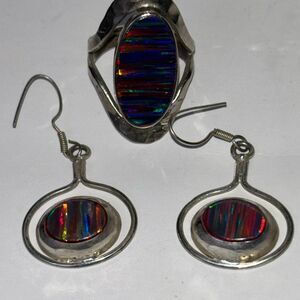 Aurora Gilson opal red stripe earrings & ring 2 pc set 925 silver mexico Sz 8